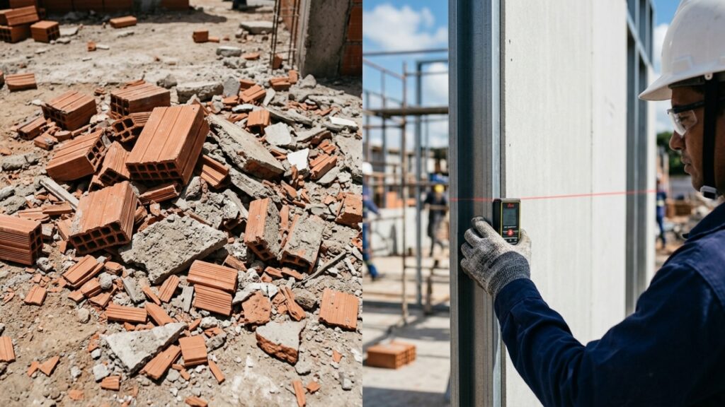 Comparativo entre entulho de obra tradicional e a precisão da montagem modular