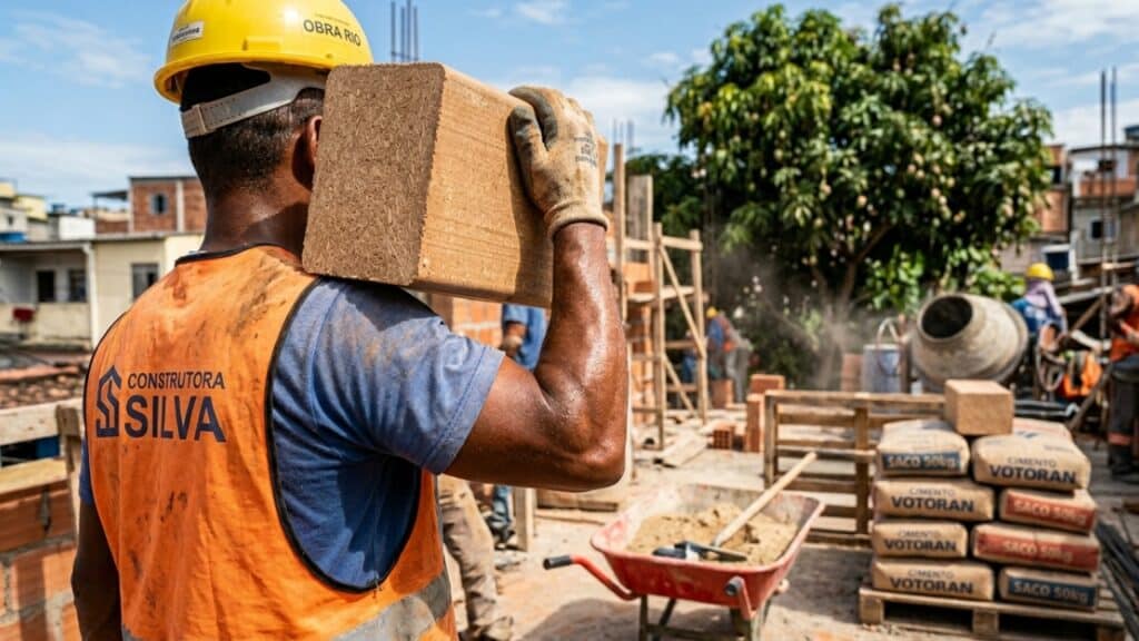 Pedreiro levantando tijolos leves em canteiro de obras brasileiro