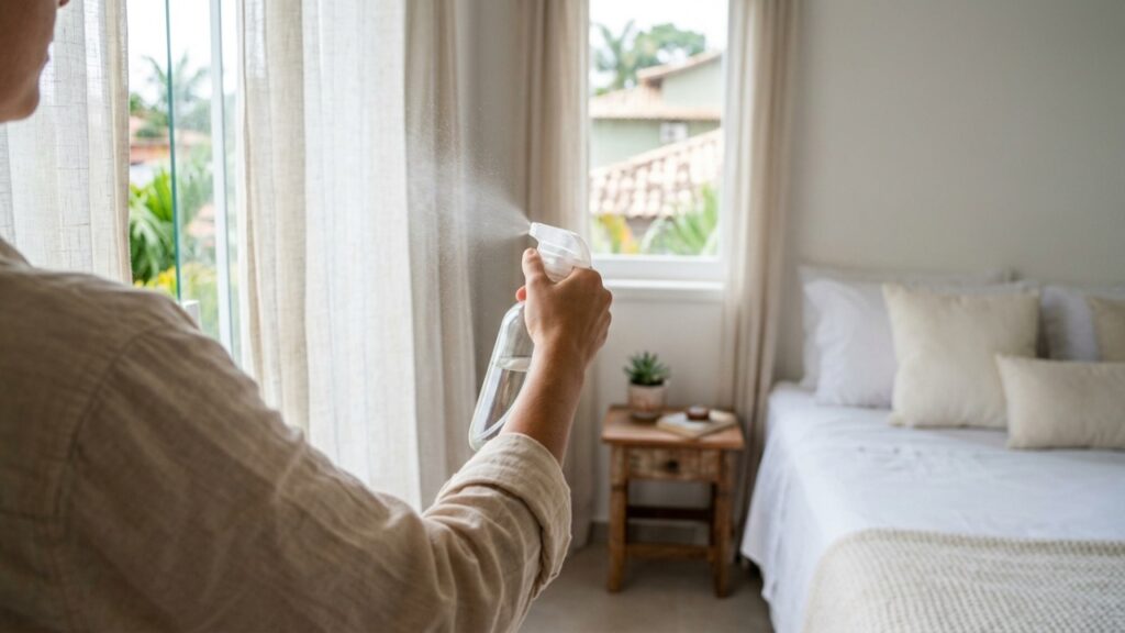 Borrifando aromatizador em cortinas de linho no quarto, simbolizando frescor e limpeza no ambiente