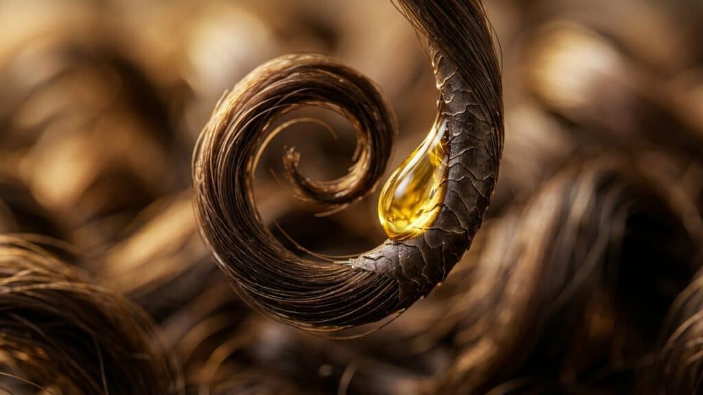 Gota de óleo de Argan nutrindo um cacho em espiral