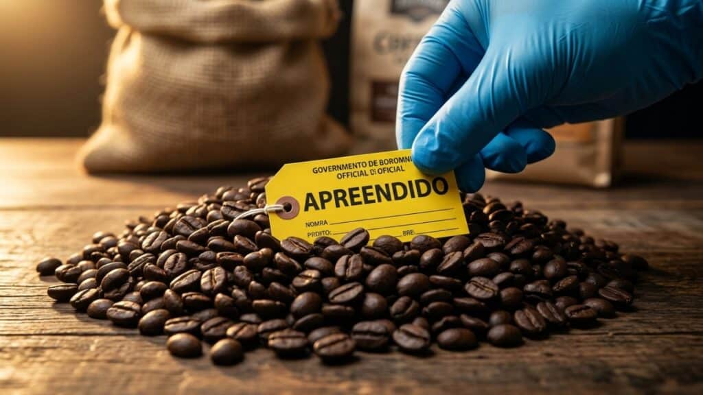 Mão com luva oficial colocando etiqueta de apreensão em grãos de café - Imagem ilustrativa