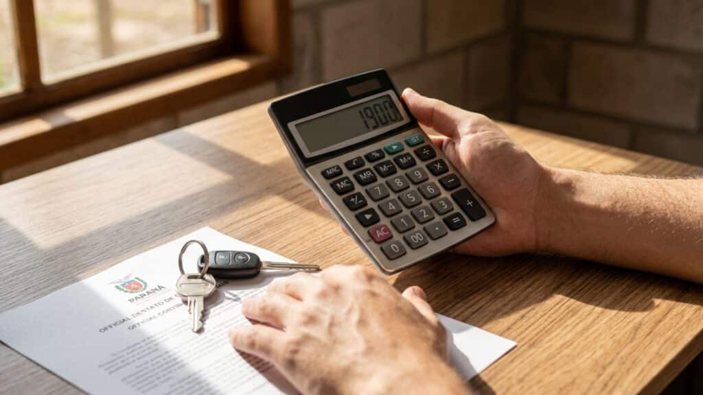 Calculadora exibindo o novo valor reduzido do IPVA sobre uma mesa