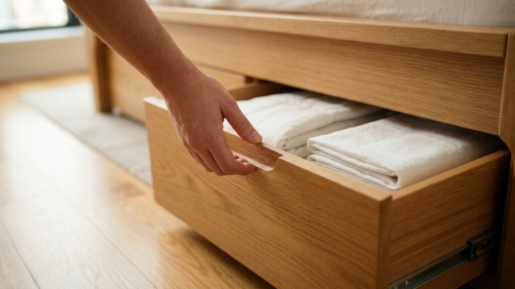 Mulher abrindo gaveta embutida na base da cama