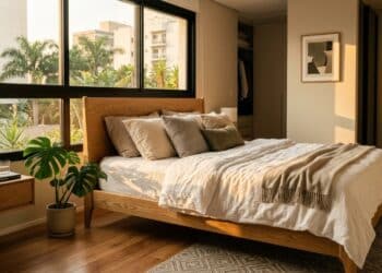 Cama de madeira moderna e elevada em quarto iluminado pelo sol