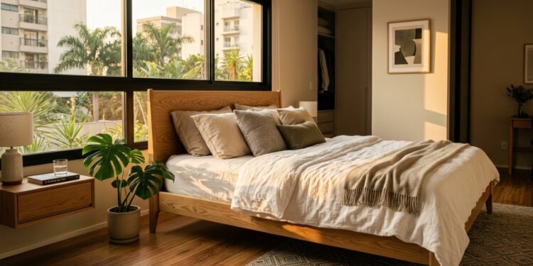 Cama de madeira moderna e elevada em quarto iluminado pelo sol