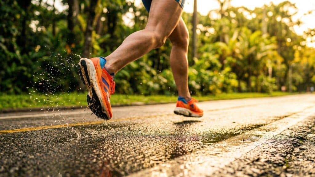 Detalhe de tênis de corrida em movimento explosivo no asfalto