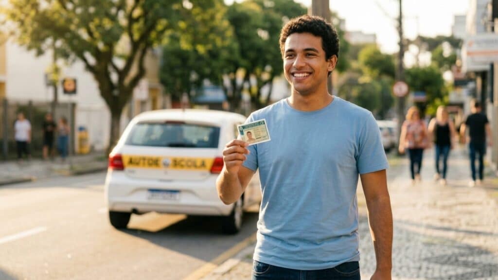Jovem sorridente segurando sua nova CNH em uma rua iluminada pelo sol