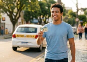Jovem sorridente segurando sua nova CNH em uma rua iluminada pelo sol