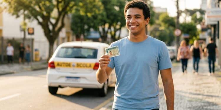 Jovem sorridente segurando sua nova CNH em uma rua iluminada pelo sol