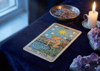 Carta do Tarot sobre veludo com cristais e luz de velas