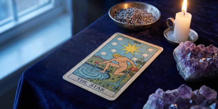 Carta do Tarot sobre veludo com cristais e luz de velas