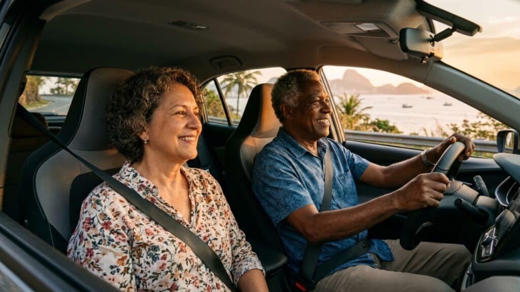 Casal de idosos aproveita viagem em seu carro novo sob a luz do pôr do sol