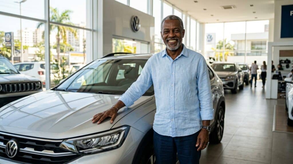 Homem de 60+ sorridente ao lado de um carro novo em concessionária iluminada