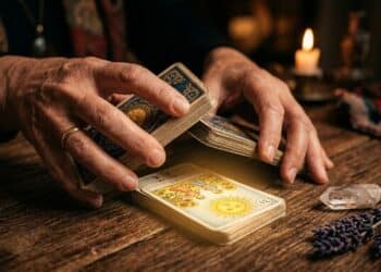Mãos manuseando cartas de baralho cigano sob luz quente e misteriosa