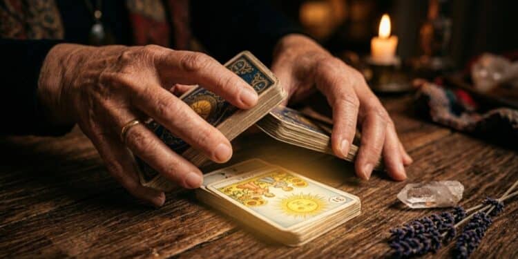Mãos manuseando cartas de baralho cigano sob luz quente e misteriosa