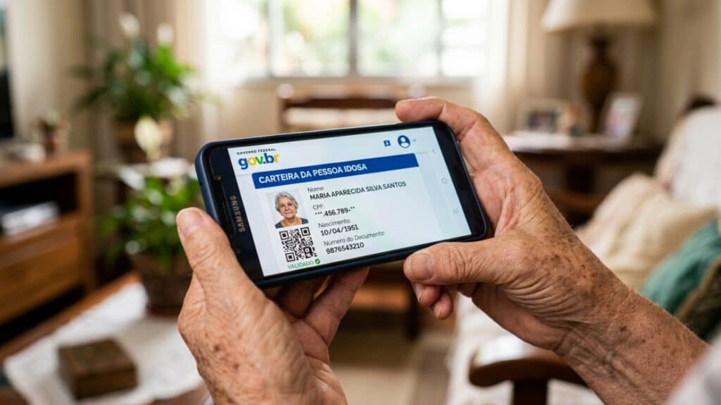 Mãos de idoso exibindo a carteira digital no celular com nitidez