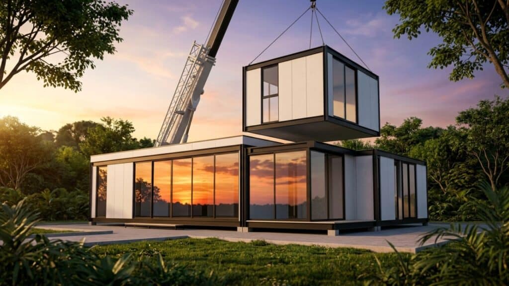 Guindaste posicionando módulo de casa moderna sob a luz do pôr do sol