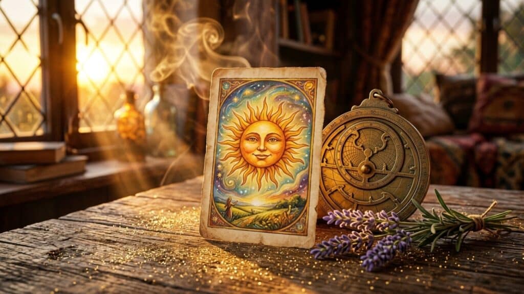 Carta mística do Sol sobre mesa de madeira sob luz dourada intensa