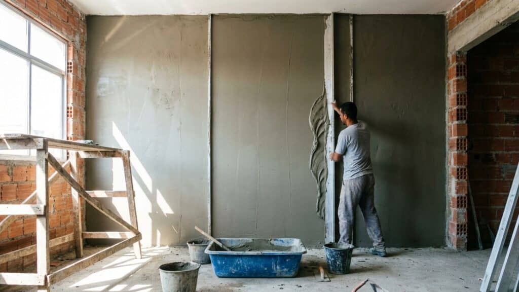 Movimento de sarrafeamento com régua de 3 metros em parede