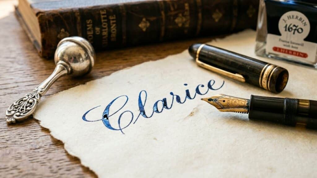 Nome escrito à mão com caneta tinteiro ao lado de objetos clássicos