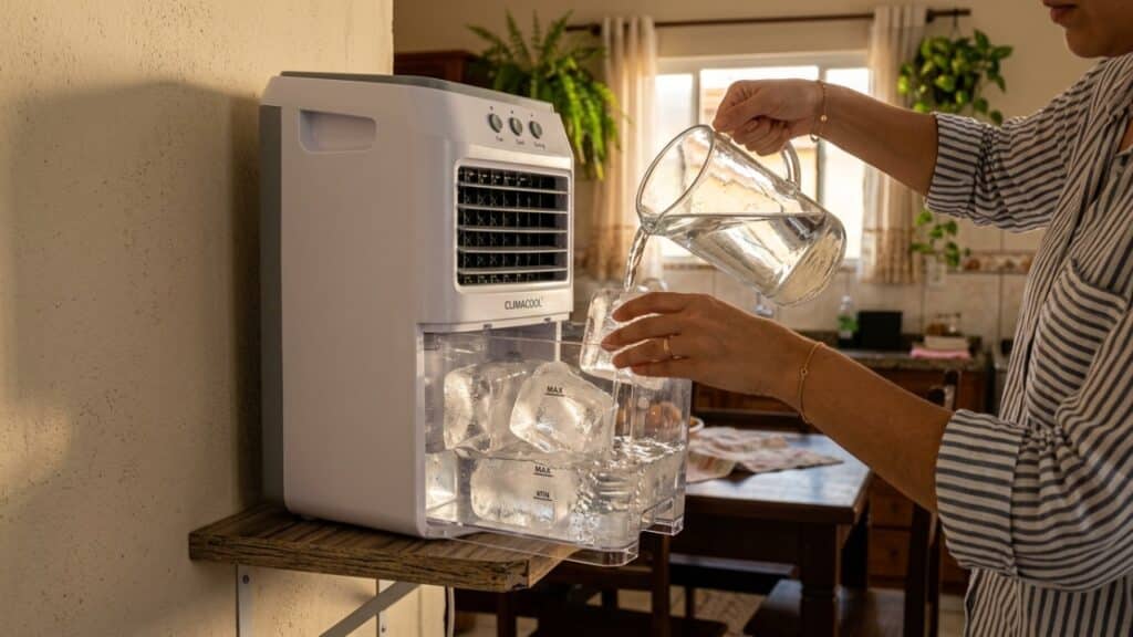 Mãos abastecendo o reservatório do climatizador com gelo e água