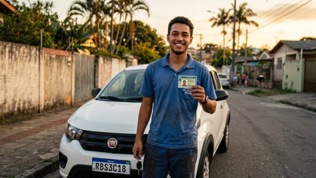 Jovem exibe orgulhosamente sua primeira CNH em uma rua brasileira ao pôr do sol