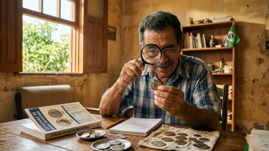 Colecionador analisa moeda com lupa em uma sala de estar iluminada