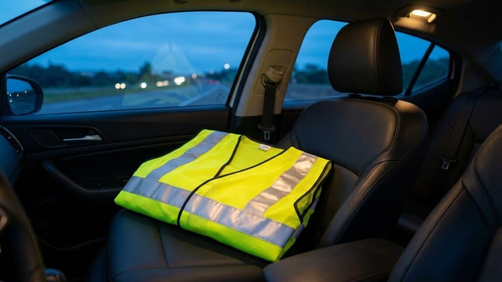 Colete refletivo em destaque sobre o banco de um carro moderno
