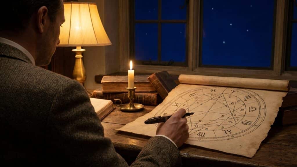 Pessoa analisando um mapa astral em uma mesa sob luz suave