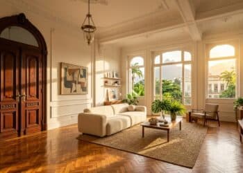 Sala de apartamento antigo com pé-direito alto e decoração moderna