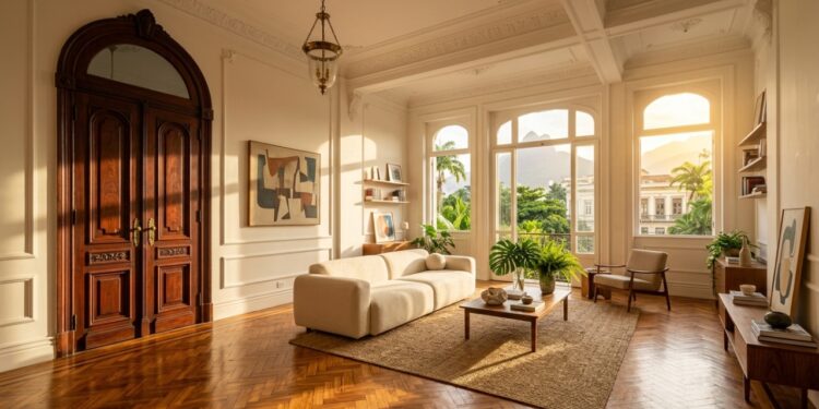 Sala de apartamento antigo com pé-direito alto e decoração moderna