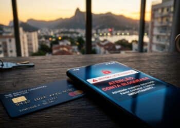 Cartão de crédito ao lado de celular com alerta de bloqueio judicial