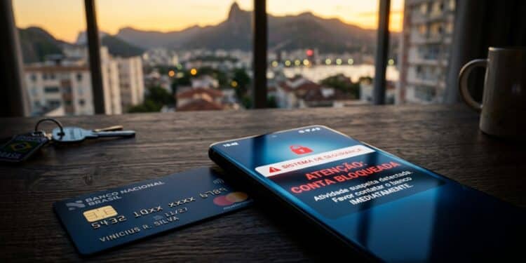 Cartão de crédito ao lado de celular com alerta de bloqueio judicial