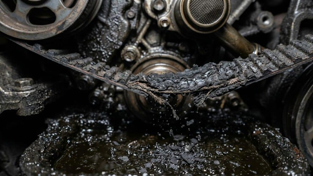 Correia degradada soltando detritos em óleo contaminado