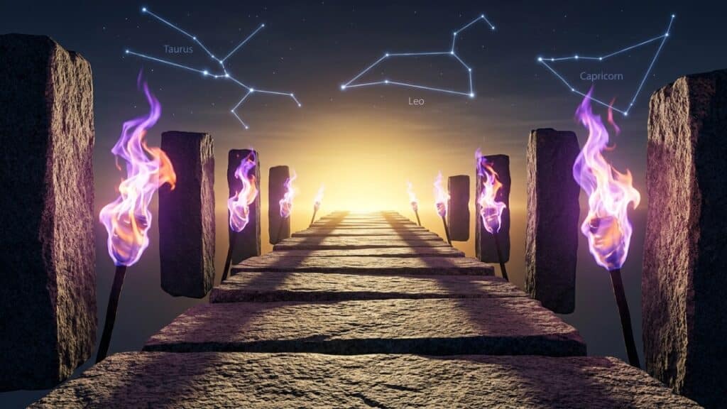 Caminho de monólitos de pedra flutuantes iluminado por tochas de fogo místico