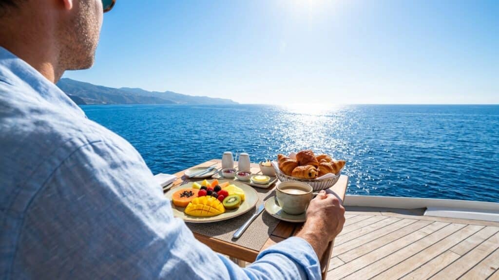 Visão de café da manhã gourmet no deck do navio com o mar ao fundo, ilustrando os benefícios inclusos na moradia