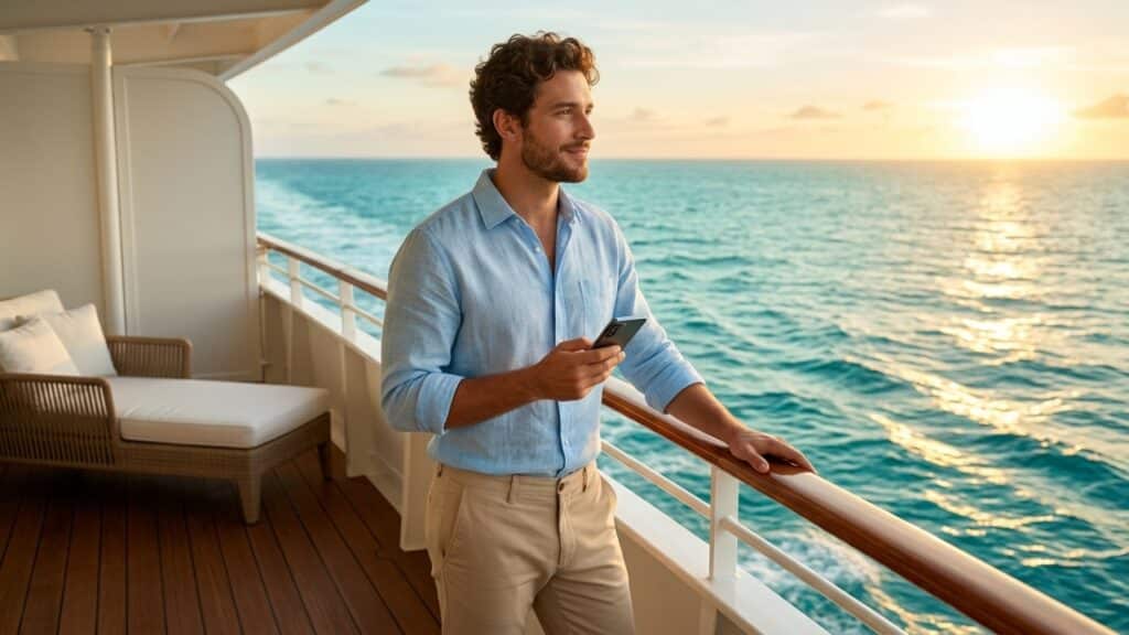 Jovem em varanda de cabine de cruzeiro observando o mar, simbolizando o novo estilo de vida residencial marítimo