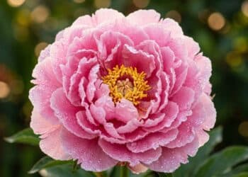 Peônia rosa vibrante com orvalho sob a luz da manhã