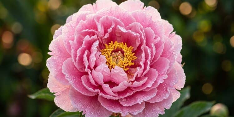 Peônia rosa vibrante com orvalho sob a luz da manhã