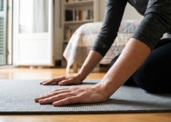 Mulher realizando exercício de prancha no chão do quarto