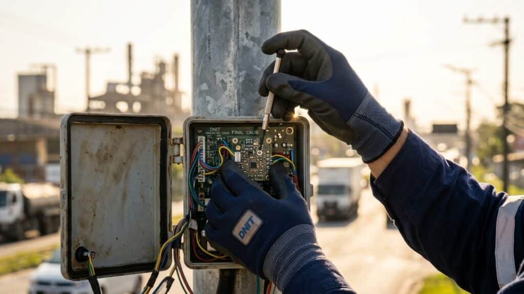 Técnico ajustando componentes internos de um radar em Santa Catarina
