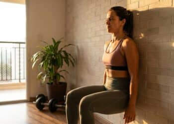 Mulher em agachamento isométrico na parede com foco e esforç