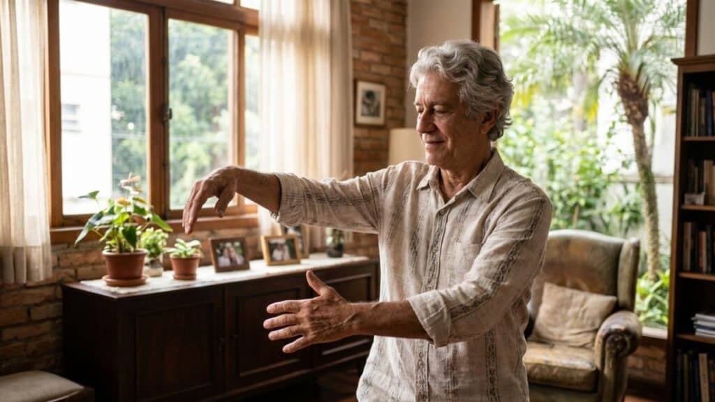 Idoso praticando Tai Chi na sala de casa com luz natural
