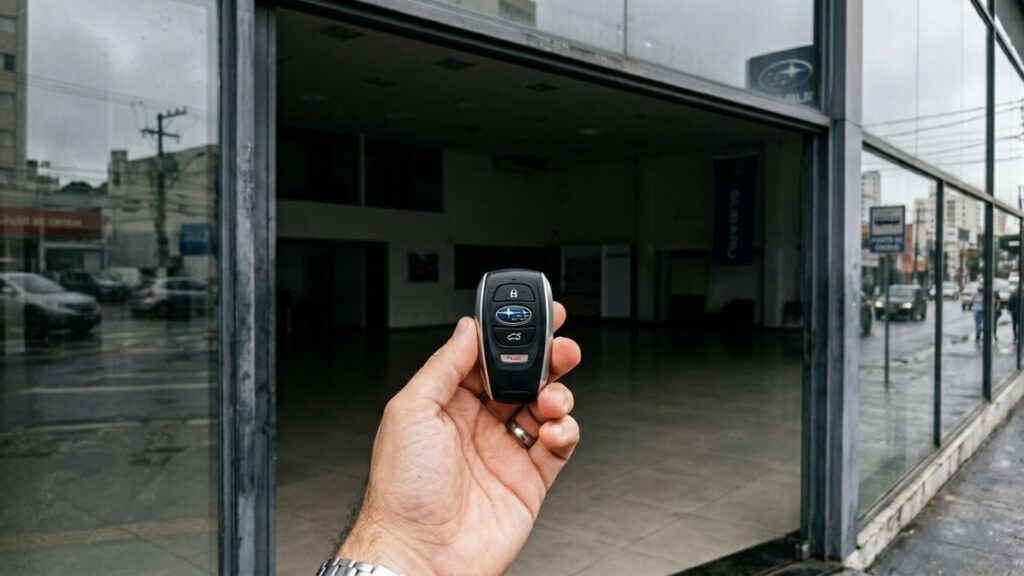 Mão segurando chave da Subaru em frente a loja fechada