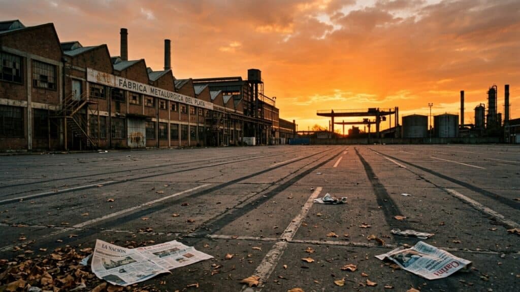 Pátio industrial vazio e silencioso durante o pôr do sol na Argentina