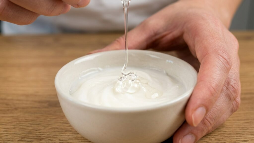Mistura de máscara branca com uma gota límpida de glicerina