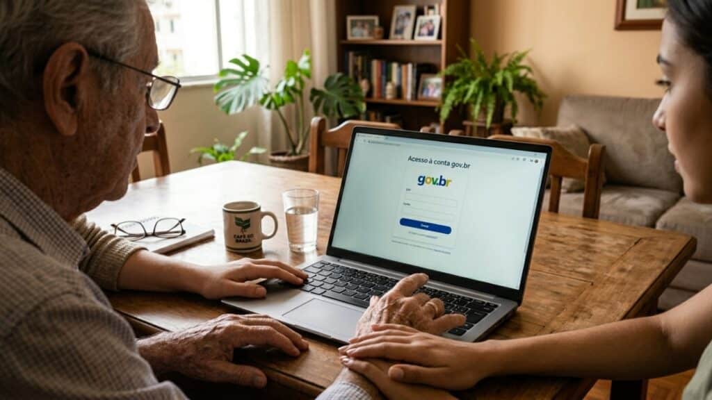 Mão de idoso acessando o portal Gov.br no computador para comprar passagem