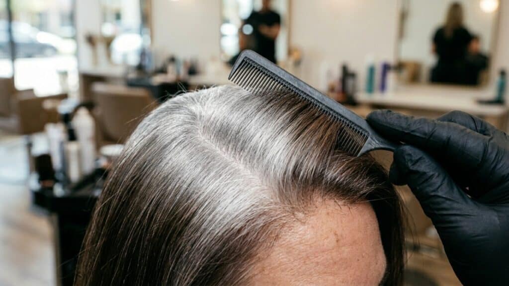 Close detalhado de transição suave entre raiz grisalha e comprimento escuro