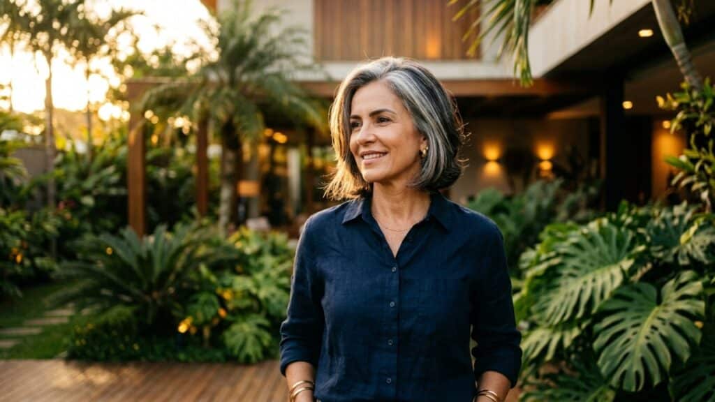 Mulher elegante exibe cabelos grisalhos modernos e brilhantes sob luz solar quente