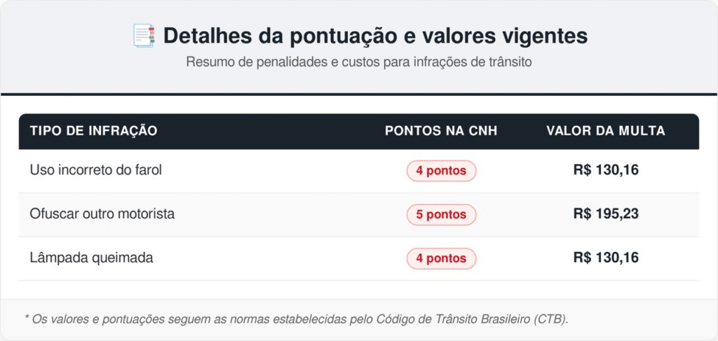 Pontuação e valores vigentes